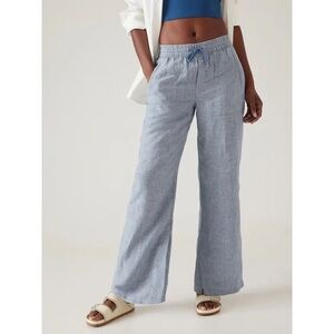 Athleta Cabo Linen Wide Leg Pants Women 16 Chambray Blue Travel Commute